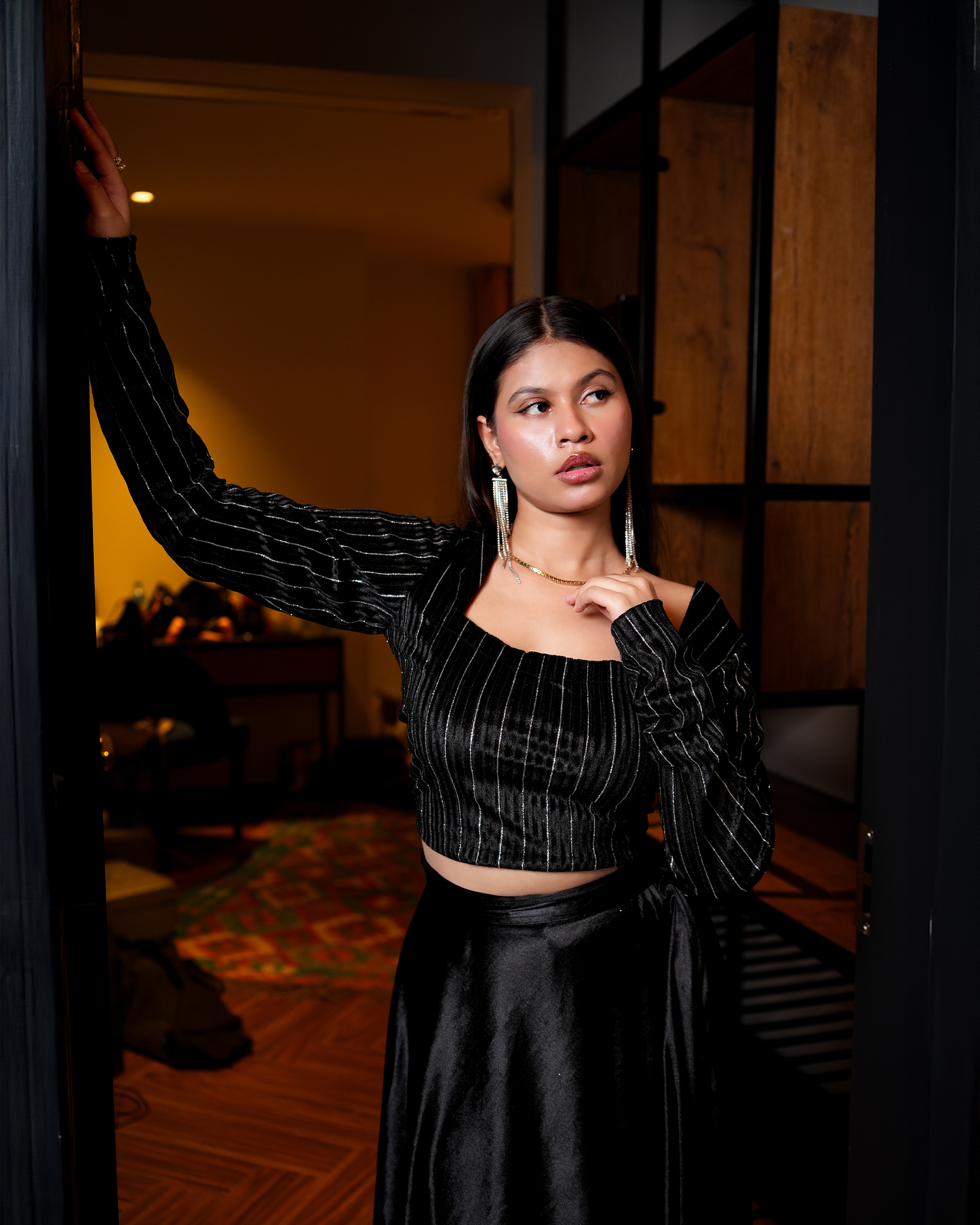 Black Élan Set – Shimmery Velvet Blouse & Skirt