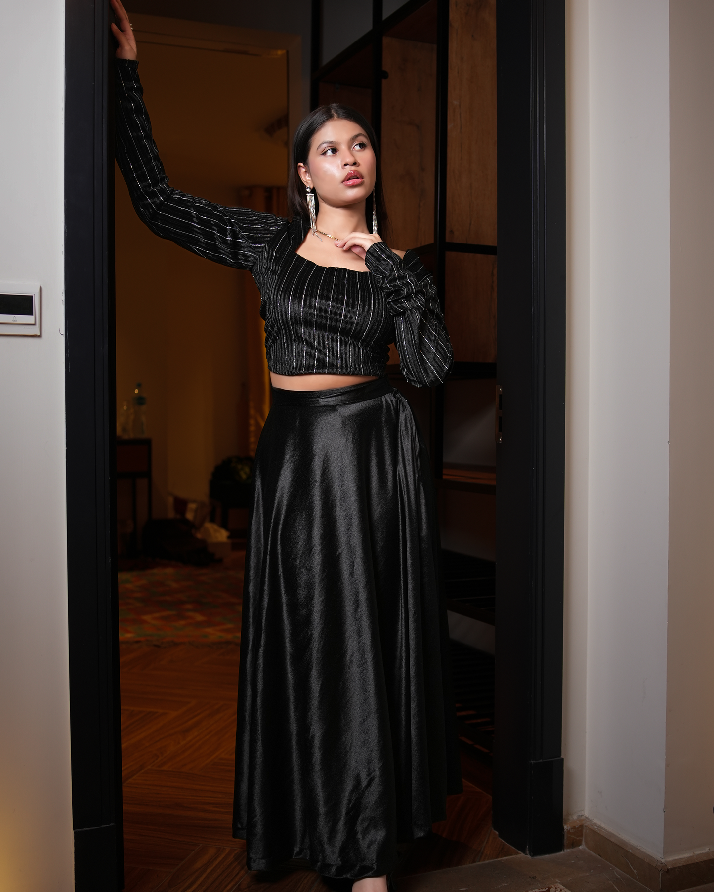 Black Élan Set – Shimmery Velvet Blouse & Skirt