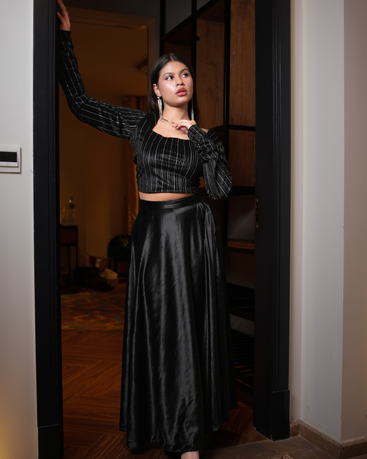 Black Élan Set – Shimmery Velvet Blouse & Skirt